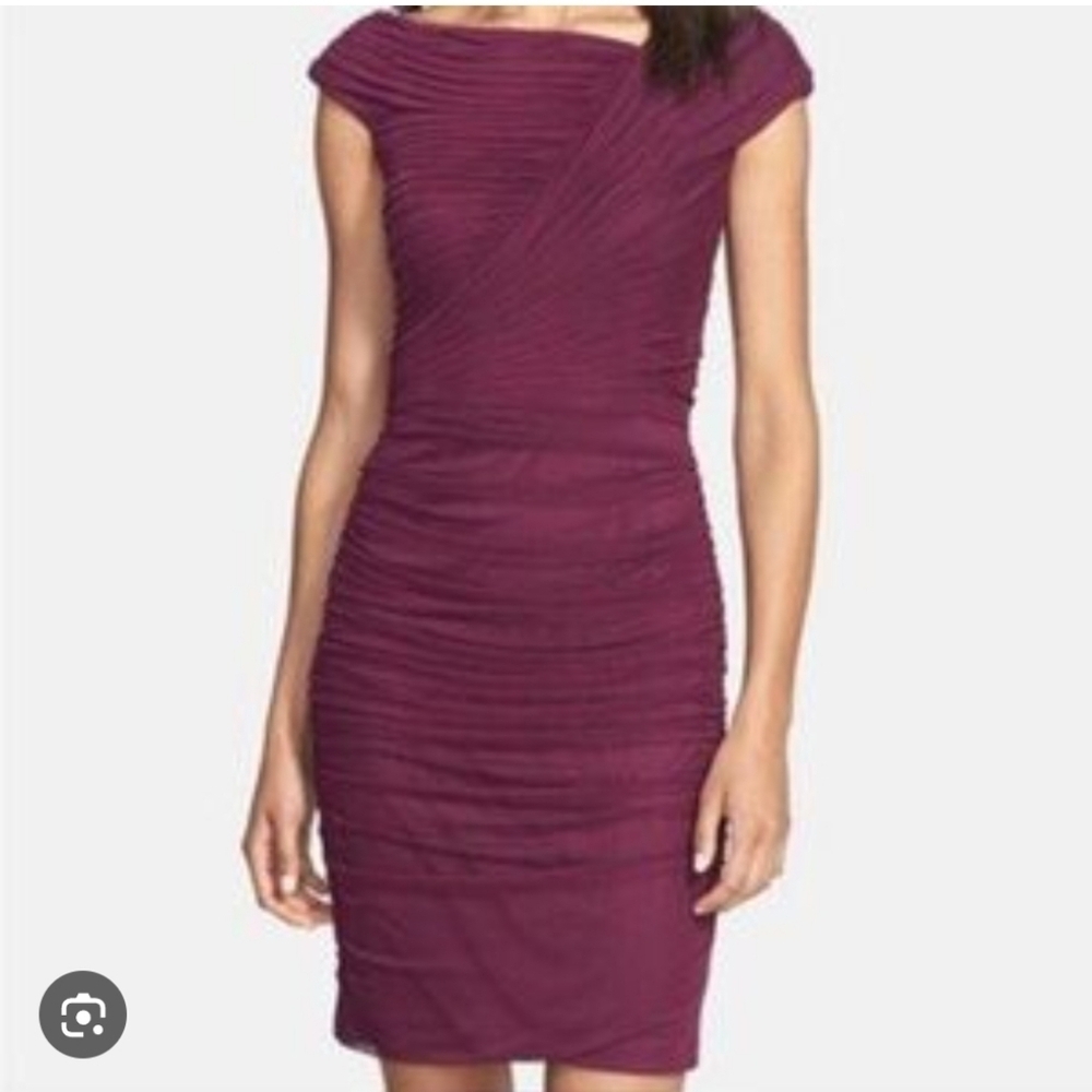 TADASHI SHOJI Chartreuse Bodycon Mesh Purple Wine Draped Cap Sleeve Dress Sz Lg